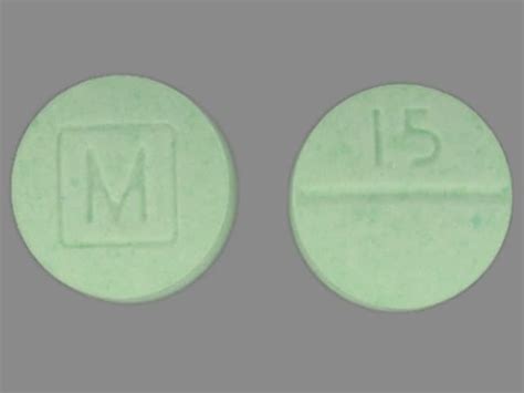 Green 15 pill - A light green pill w/an "M" on one side and a "15" on the other, IS indeed oxycodone, 15 mg. The oxycodone pill's "M" is inside a small square, whereas on the clonezapam pill, the "M" is imprinted alone. THAT ought to clear this up. In short, you must SEE the color green for it to be oxycodone, OR see the "c" above the "15", for it to be ...